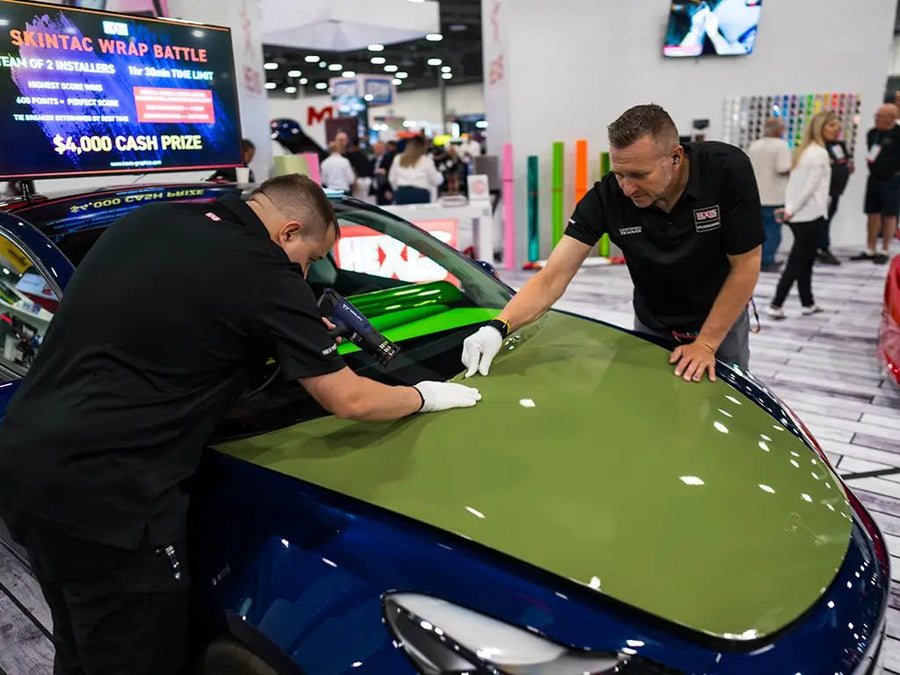 Tesla 3 wrapped in Hexis Gloss HX20000 Olive Green wrap film HX20VFAB