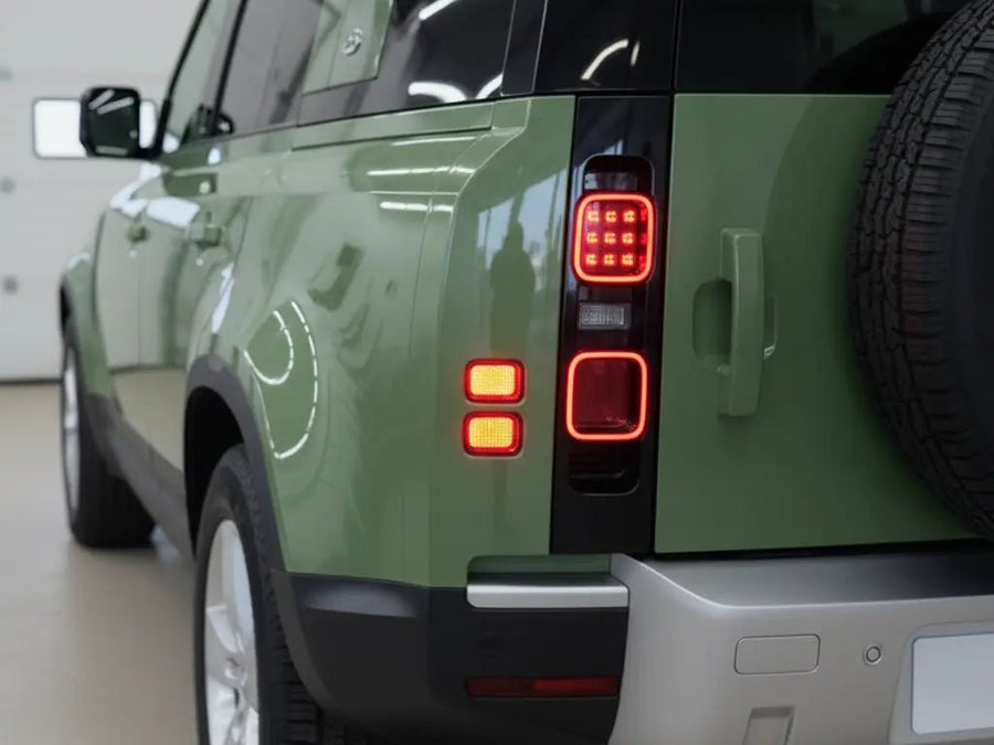 Hexis HX20000 Gloss Olive Green wrap on Land Rover Defender rear detail