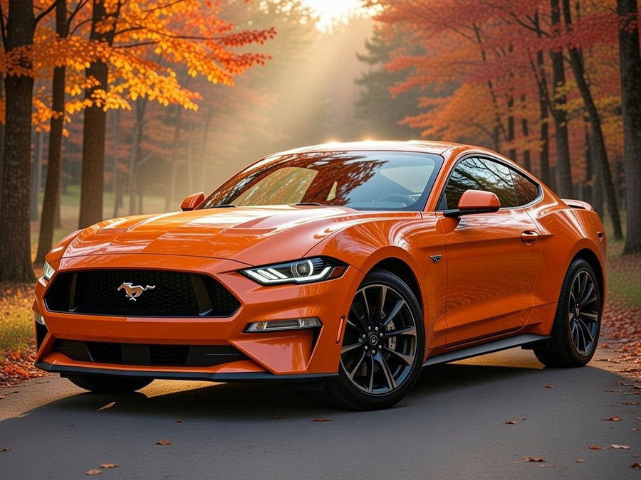 Ford Mustang wrapped in SuperGloss HXONE™ Sunrise Orange restyling film HXONE302