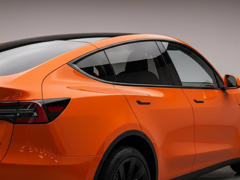 DIY Tesla Y wrapped in Super Gloss HXONE™ Sunrise Orange car wrap film HXONE302 detail