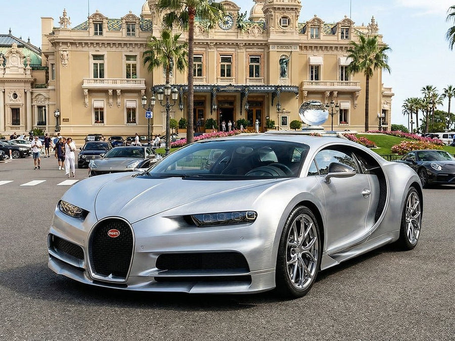 Bugatti Chiron wrapped in Hexis Brushed HX30000 Silver Aluminum restyling film HX30BASILB