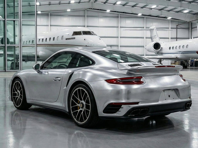 Porsche 911 wrapped in Hexis Brushed HX30000 Silver Aluminum vinyl wrap HX30BASILB
