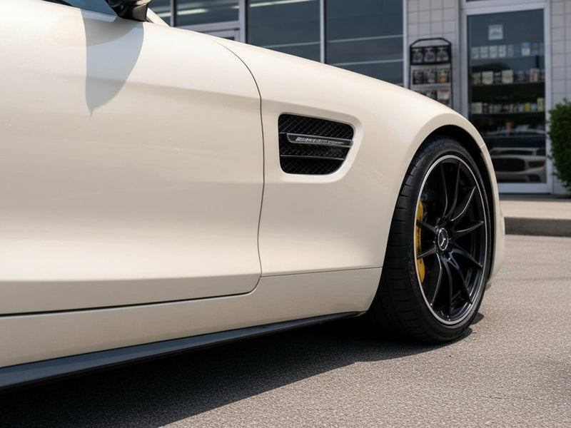 Mercedes-AMG GT wrapped in Hexis Gloss HX30000 Nacre White car wrap film HX30BNCB detail