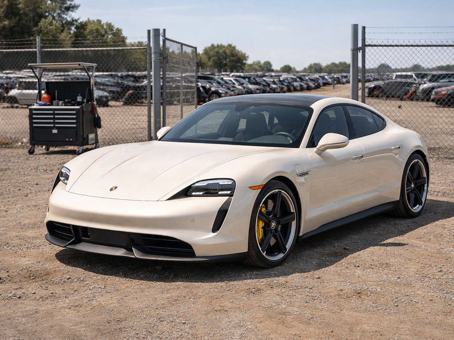 DIY Porsche Taycan wrapped in Gloss HX30000 Nacre White automotive vinyl film HX30BNCB