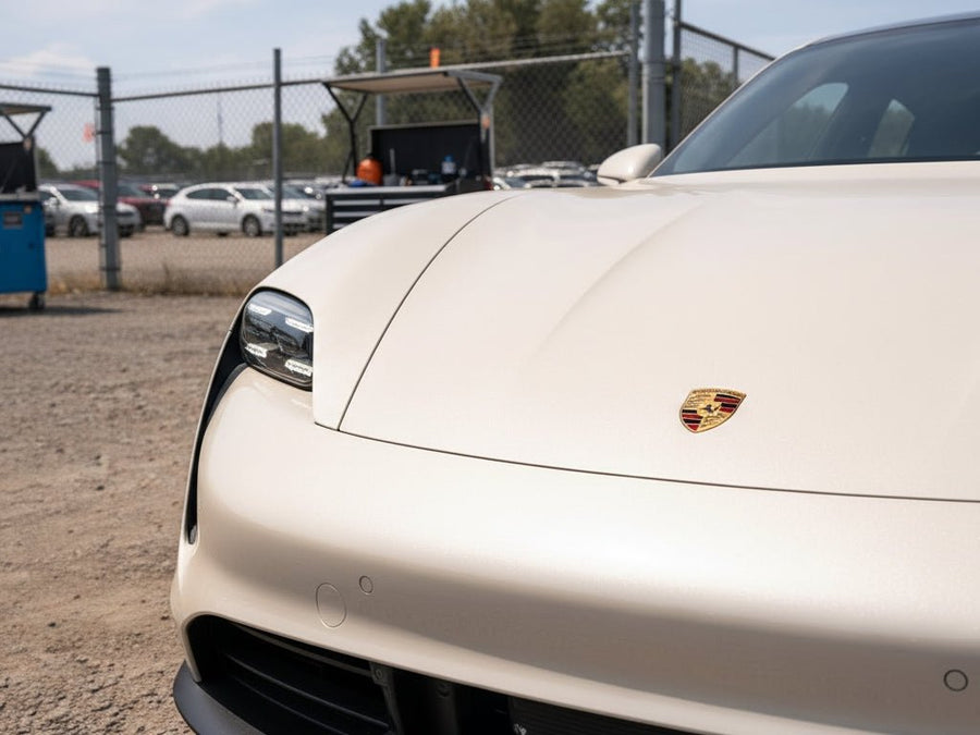 DIY Porsche Taycan wrapped in Gloss HX30000 Nacre White wrap film HX30BNCB