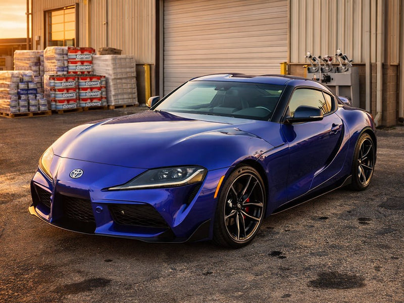 Toyota Supra wrapped in Hexis Gloss HX30000 Neon Blue automotive vinyl film HX30BNEB