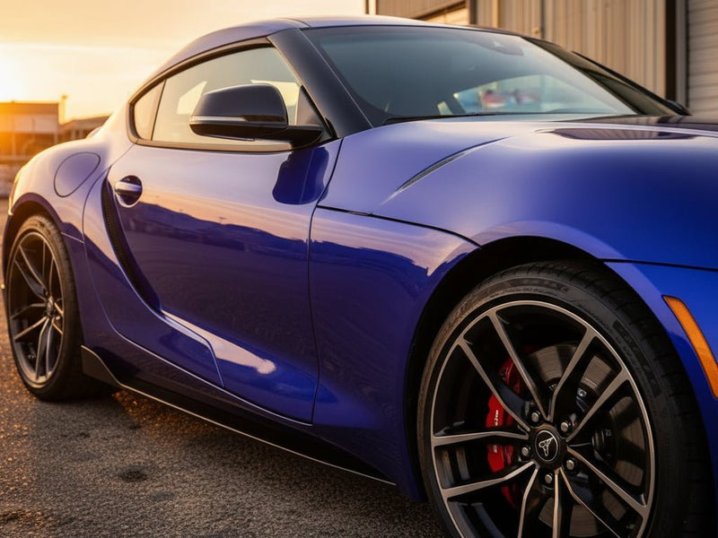 Toyota Supra wrapped in Hexis Gloss HX30000 Neon Blue restyling film HX30BNEB