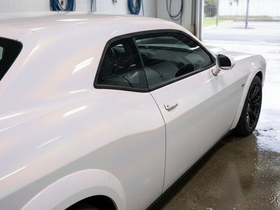 Dodge Challenger wrapped in Hexis Gloss HX30000 Pearl White Variochrome wrap film HX30BPEB detail