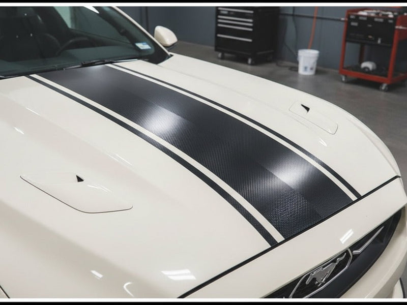 DIY Ford Mustang wrapped in Gloss HX30000 Black Carbon Fiber restyling film HX30CA890B