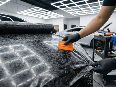 Car wrapped in Hexis Carbon Fiber HX30000 Black Forged vinyl wrap HX30CAF89S