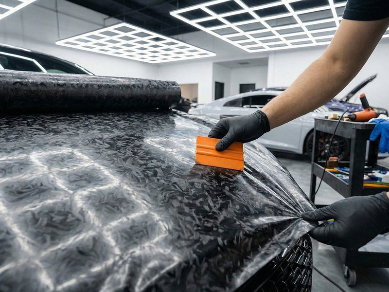 Car wrapped in Hexis Carbon Fiber HX30000 Black Forged vinyl wrap HX30CAF89S