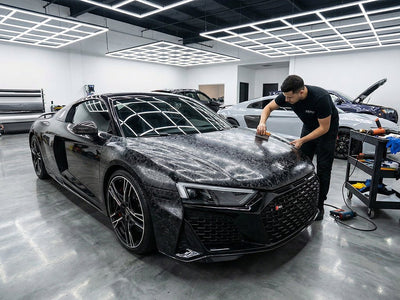 Audi R8 wrapped in Carbon Fiber HX30000 Black Forged car wrap film HX30CAF89S