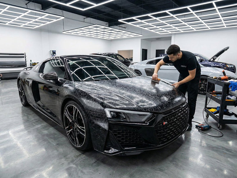 Audi R8 wrapped in Carbon Fiber HX30000 Black Forged car wrap film HX30CAF89S