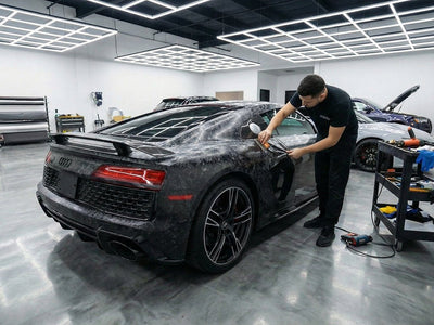 Audi R8 wrapped in Carbon Fiber HX30000 Black Forged wrap film HX30CAF89S