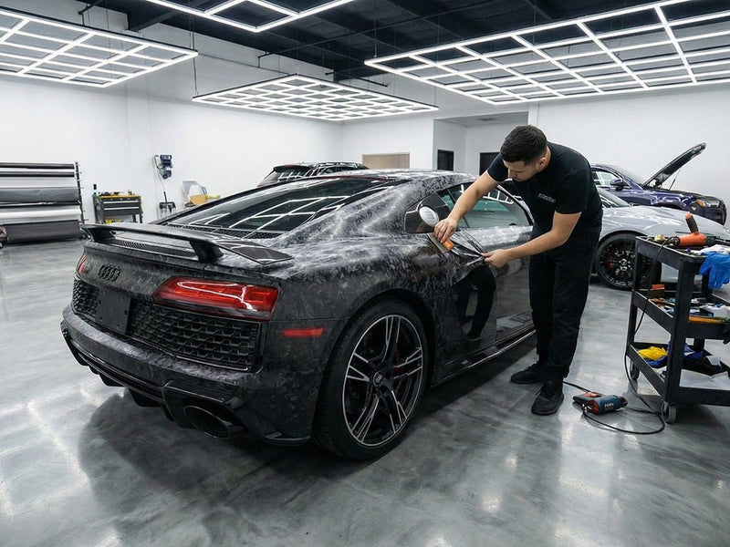 Audi R8 wrapped in Carbon Fiber HX30000 Black Forged wrap film HX30CAF89S