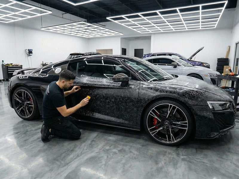 DIY Audi R8 wrapped in Carbon Fiber HX30000 Black Forged automotive vinyl film HX30CAF89S
