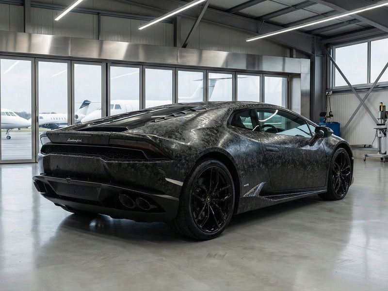 Lamborghini Huracán wrapped in Hexis Carbon Fiber HX30000 Black Forged car wrap film HX30CAF89S