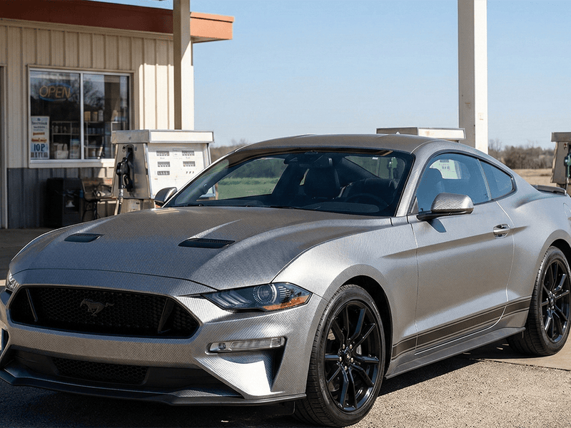 Ford Mustang wrapped in Hexis Gloss HX30000 Graphite Gray Carbon Fiber car wrap film HX30CAGGRB