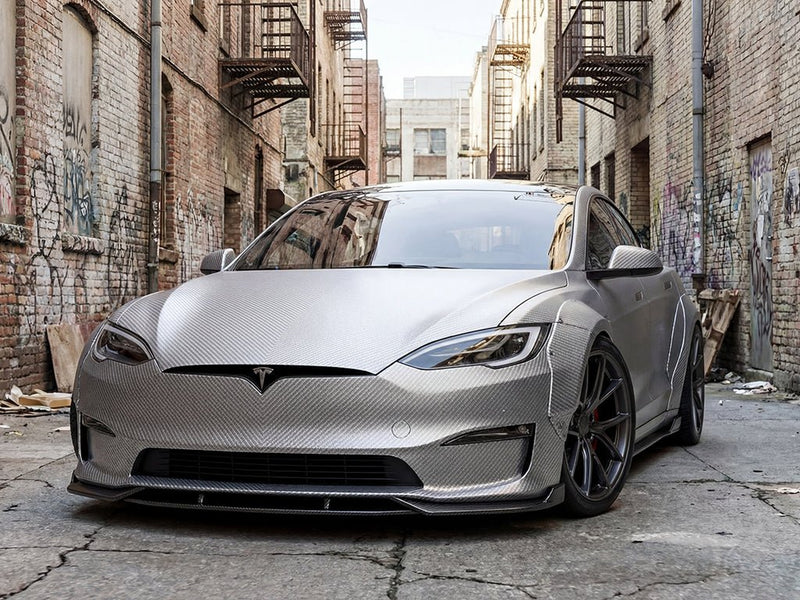 Tesla S wrapped in Gloss HX30000 Graphite Gray Carbon Fiber car wrap film HX30CAGGRB detail