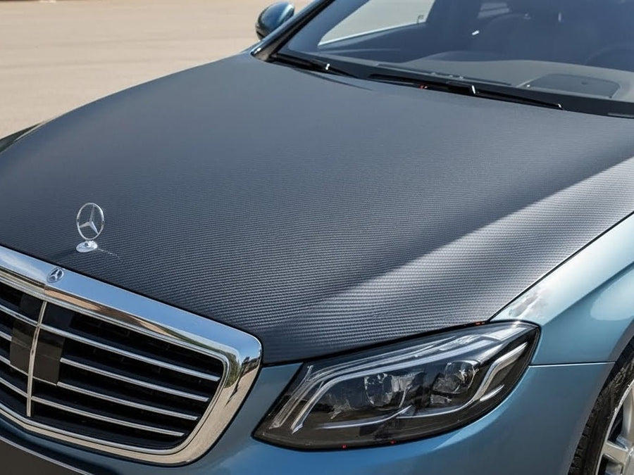 DIY Mercedes-Benz S-Class wrapped in Matte HX30000 Raven Black Carbon Fiber wrap film HX30CANCOB