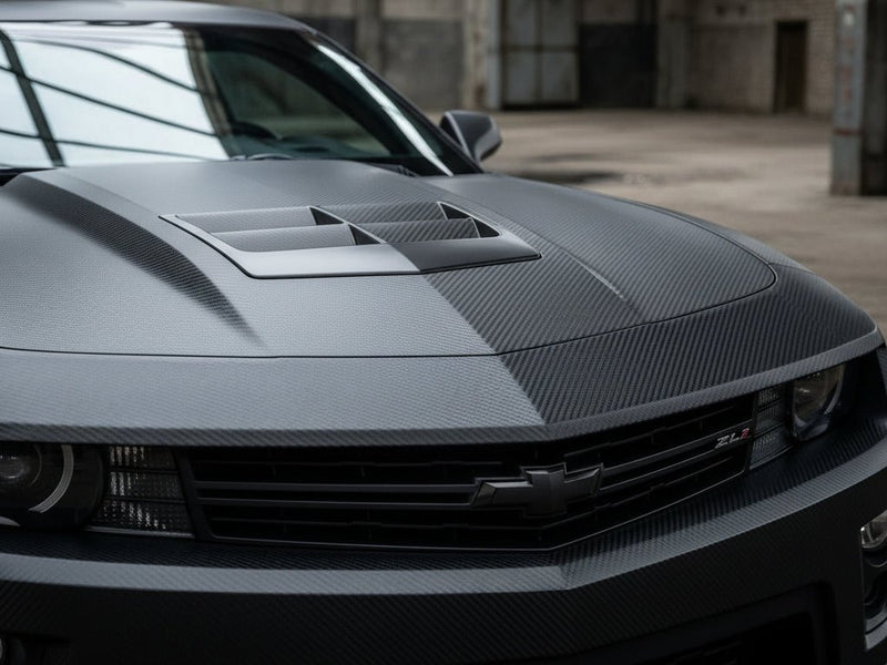 DIY Chevrolet Camaro ZL1 wrapped in Matte HX30000 Raven Black Carbon Fiber automotive vinyl film HX30CANCOB
