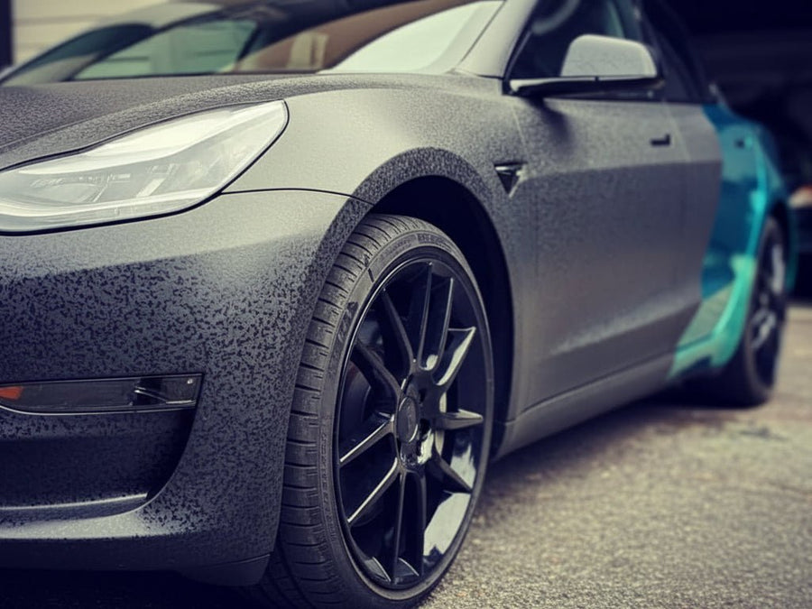 DIY Tesla 3 wrapped in None HX30000 Black Honeycomb automotive vinyl film HX30CAF89S