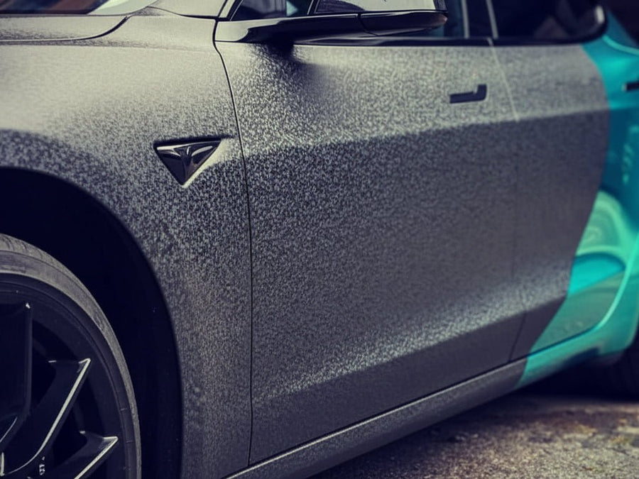 Tesla 3 wrapped in Hexis None HX30000 Black Honeycomb car wrap film HX30CAF89S