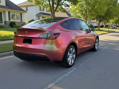 Tesla Y wrapped in Hexis Gloss HX30000 Iridescent Boreal Forest restyling film HX30IFBB