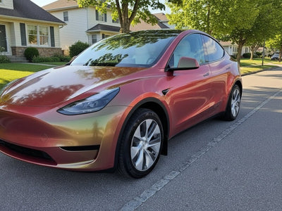 Tesla Y wrapped in Hexis Gloss HX30000 Iridescent Boreal Forest wrap film HX30IFBB
