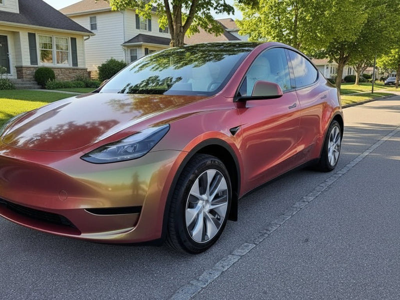 Tesla Y wrapped in Hexis Gloss HX30000 Iridescent Boreal Forest wrap film HX30IFBB