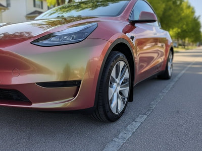 Tesla Y wrapped in Hexis Gloss HX30000 Iridescent Boreal Forest automotive vinyl film HX30IFBB