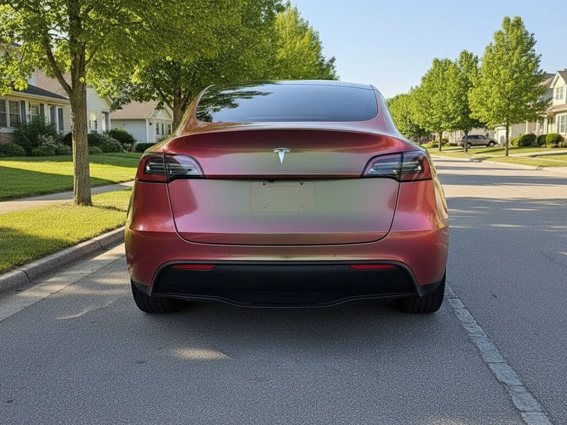 Tesla Y wrapped in Hexis Gloss HX30000 Iridescent Boreal Forest automotive vinyl film HX30IFBB detail