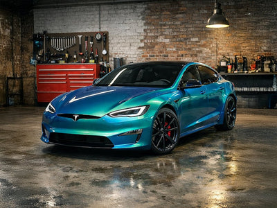 DIY Tesla S wrapped in Gloss HX30000 Iridescent Austral Sea automotive vinyl film HX30IMAB