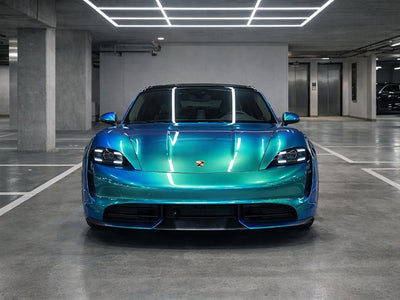 Porsche Taycan wrapped in Hexis Gloss HX30000 Iridescent Austral Sea automotive vinyl film HX30IMAB