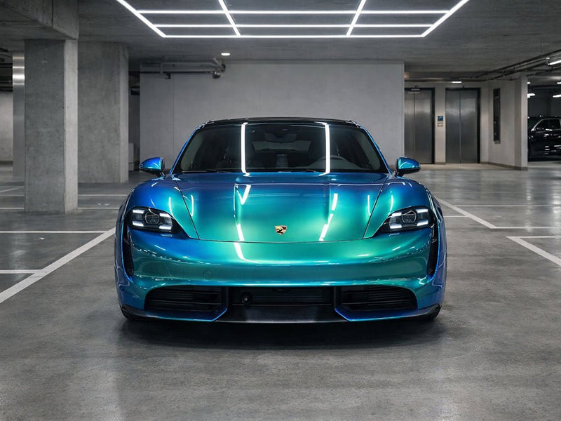 Porsche Taycan wrapped in Hexis Gloss HX30000 Iridescent Austral Sea automotive vinyl film HX30IMAB