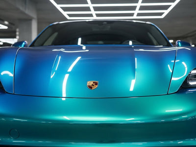 Porsche Taycan wrapped in Hexis Gloss HX30000 Iridescent Austral Sea car wrap film HX30IMAB