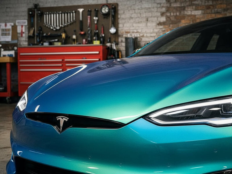 Tesla S wrapped in Hexis Gloss HX30000 Iridescent Austral Sea vinyl wrap HX30IMAB