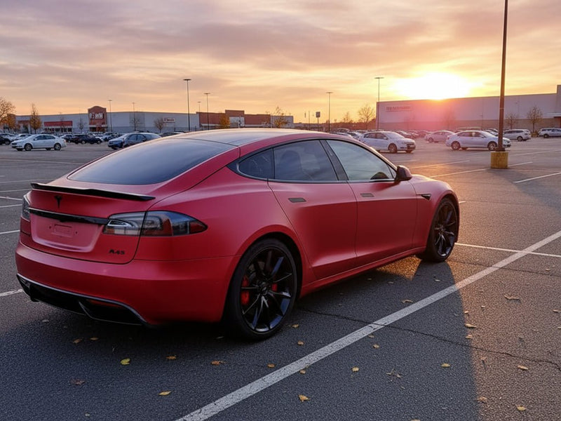Tesla S wrapped in Hexis Matte HX30000 Redcurrent Red vinyl wrap HX30RGOM