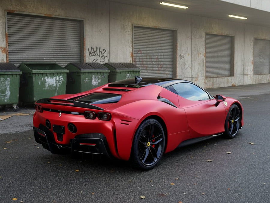 DIY Ferrari SF90 Stradale wrapped in Matte HX30000 Redcurrent Red automotive vinyl film HX30RGOM