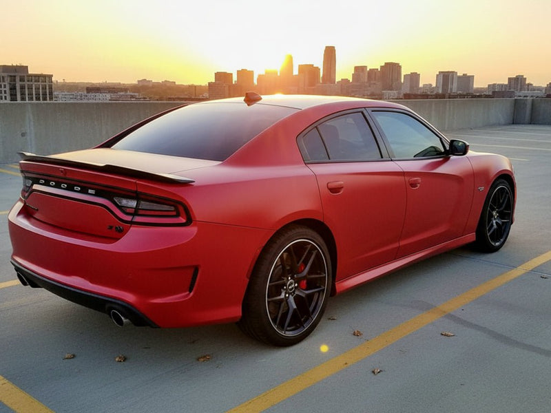 Dodge Charger wrapped in Hexis Matte HX30000 Redcurrent Red automotive vinyl film HX30RGOM