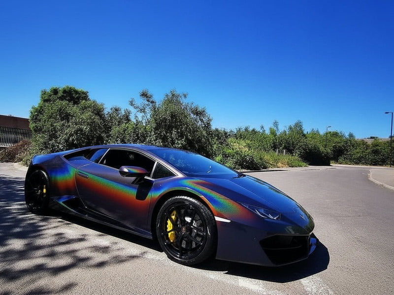 Lamborghini Huracán wrapped in Hexis Gloss HX30000 Black Rainbow car wrap film HX30RW889B