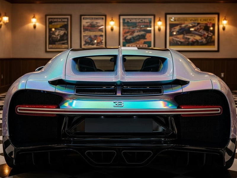 Bugatti Chiron wrapped in Hexis Gloss HX30000 Gray Rainbow restyling film HX30RW990B