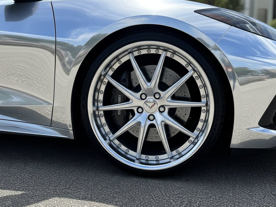 DIY Chevrolet Corvette wrapped in Gloss HX30000 Super Chrome Silver restyling film HX30SCH01B