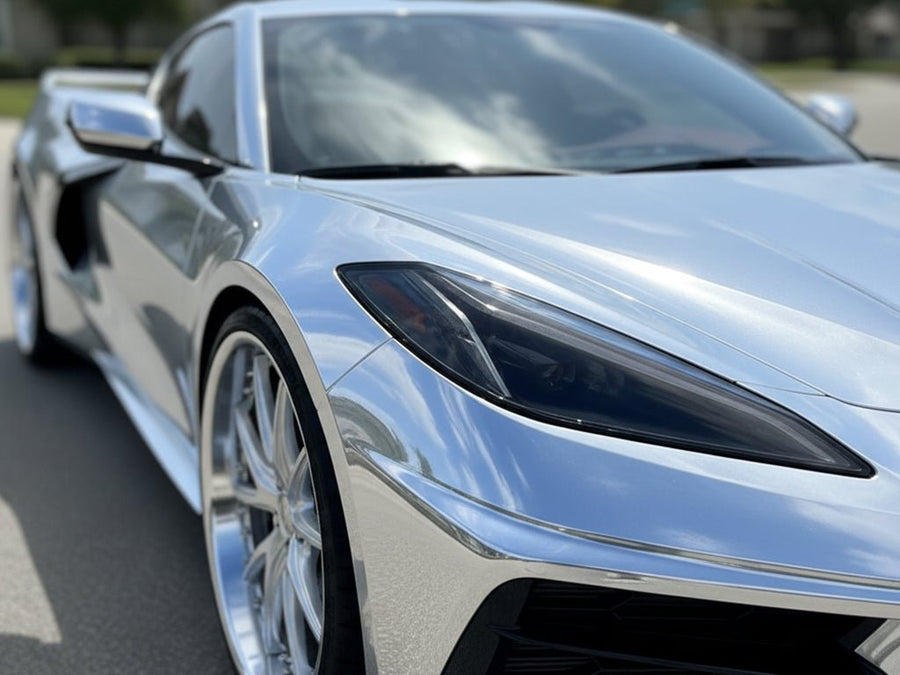 Chevrolet Corvette wrapped in Gloss HX30000 Super Chrome Silver restyling film HX30SCH01B