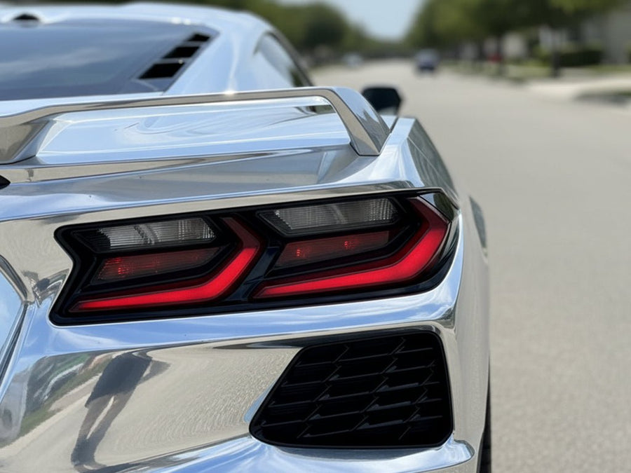 Chevrolet Corvette wrapped in Hexis Gloss HX30000 Super Chrome Silver vinyl wrap HX30SCH01B