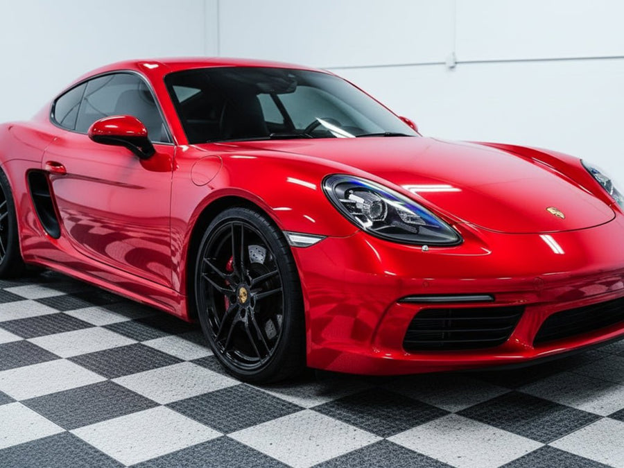 Porsche 718 Cayman wrapped in Hexis Gloss HX30000 Super Chrome Red car wrap film HX30SCH02B