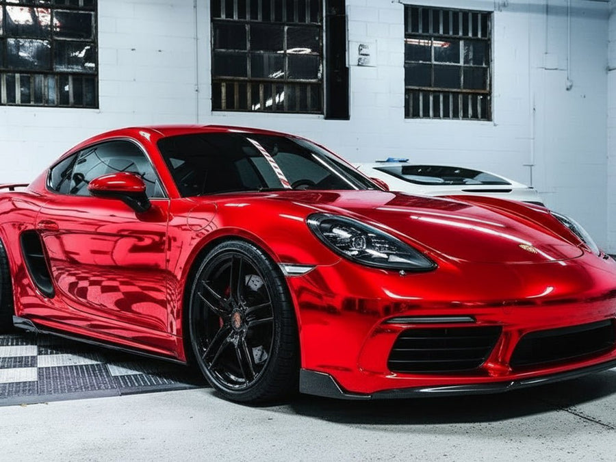 Porsche 718 Cayman wrapped in Hexis Gloss HX30000 Super Chrome Red automotive vinyl film HX30SCH02B