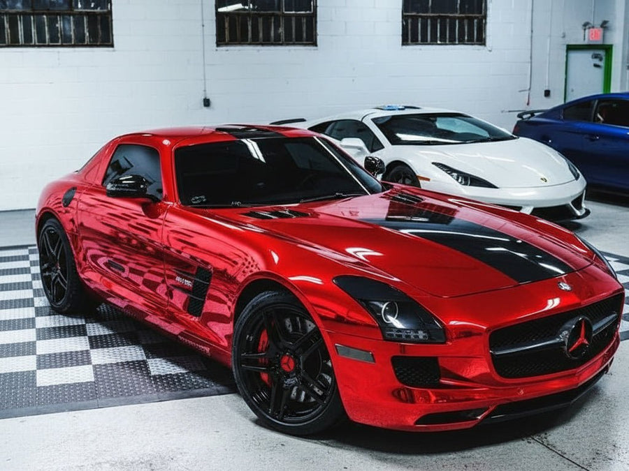 DIY Mercedes-Benz SLS AMG wrapped in Gloss HX30000 Super Chrome Red automotive vinyl film HX30SCH02B