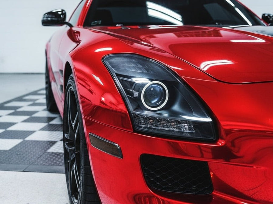 Mercedes-Benz SLS AMG wrapped in Hexis Gloss HX30000 Super Chrome Red car wrap film HX30SCH02B