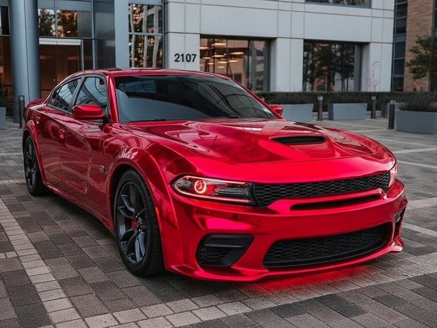 Dodge Charger wrapped in Gloss HX30000 Super Chrome Red wrap film HX30SCH02B